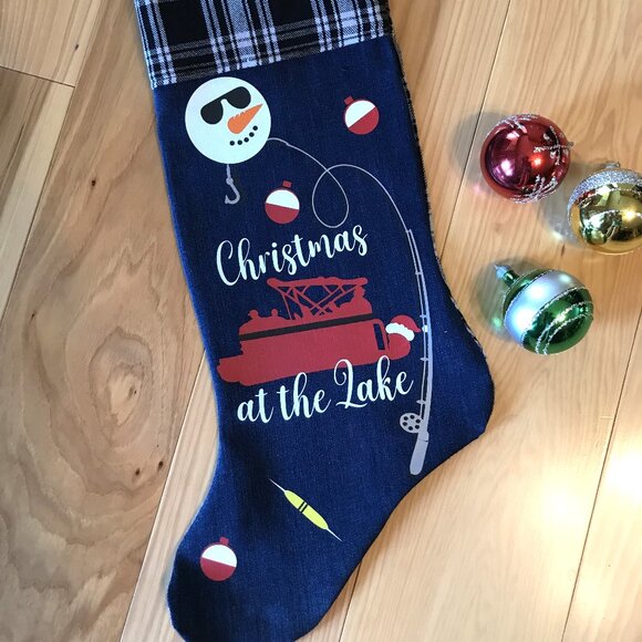 Handmade Denim Christmas Stocking: Lake House Fishing Decor, Pontoon Boat, S-M - Picture 7 of 8